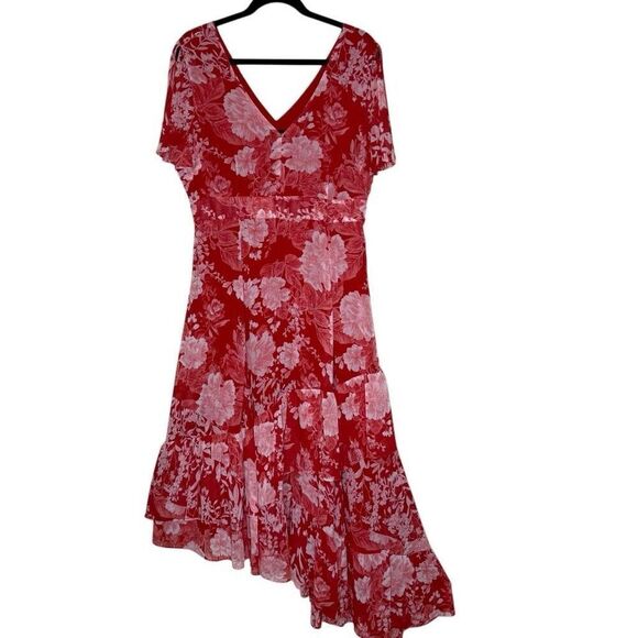 INC Red & Pink Asymmetrical Hem Ruffled Midi Dress Sz 12, Soft Girl, Ethereal - Picture 4 of 15